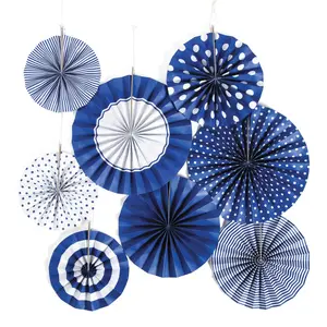 8" - 10" Cobalt Blue Hanging Paper Fan Assortment - 8 Pc.