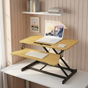 32 Inch Height Adjustable Desk Converter, Natural Color Sit to Stand Riser with Wide Keyboard Tray, MDF Metal Ergonomic Dual Monitor Laptop Workstation, 30 LBS High Capacity Modern Office Study Room Standing Desktop Riser
