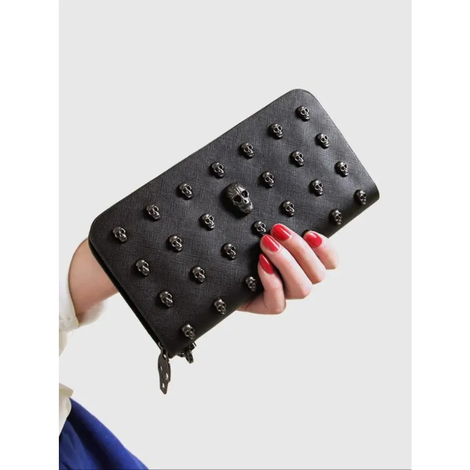 Punk Gothic Skull Rivet Wristlet Wallet for Men - Stylish Large Capacity Zipper Wallet Design, Halloween-Ready Sports & Outdoor Gym Accessory, Stylish Wallet