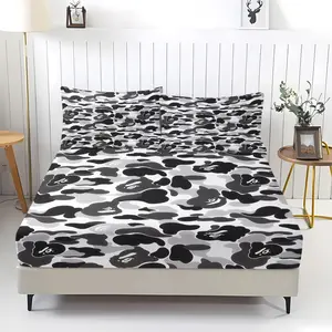 3pcs Black, White and Gray Camouflage Ape Head Print Fitted Sheet Set, Breathable, Wear-Resistant, and Adjustable Bedding Set. A Fresh and Natural Washable Mattress Cover Protector for Military Style Bedroom Decor, Available in Multiple Sizes.