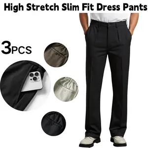 Men’s 3-Pack High-Stretch Slim-Fit Formal Wear Dress Pants, Polyester Fabric Mid-Waist Straight-Leg Long Trousers with Elastic Waistband for Office Commuting and Formal Occasions, Multi-Size Menswear Bottoms
