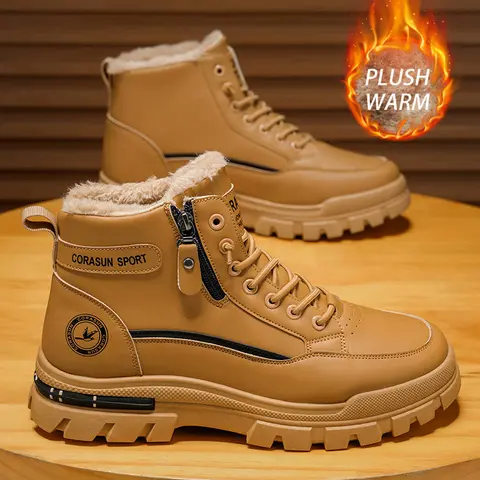 Men's Army Velvet Mid-Top Waterproof Footwear - 2026 SPORT Spring Design, Retro Plain, Soft Plush Insole, Zipper, Soft Fabric Bottom, PVC Sole, Round Toe, Athletic Solid, Mid-Top Ankle Hold, Cold Weather Gear, Slip Resistant Walking Shoes