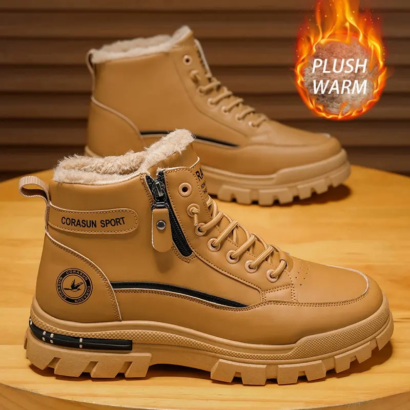 Men's Army Velvet Mid-Top Waterproof Boots - 2026 SPORT Spring Design, Retro Plain, Soft Plush Step, Zipper, Soft Fabric Bottom, PVC Sole, Round Toe, Athletic Solid, Mid-Top Ankle Hold, Army Cold Weather Gear, Armyboots, Shoes for Cold Walks