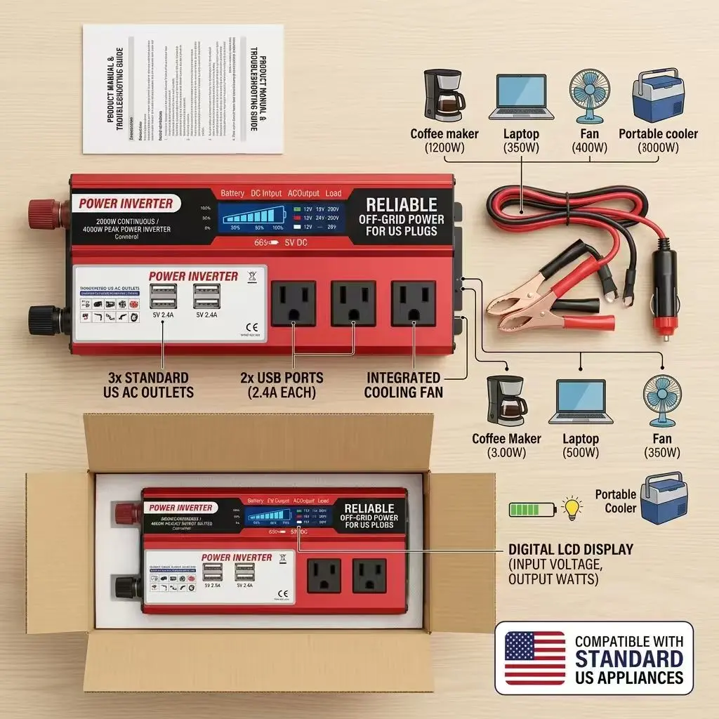 Portable Power Inverter - 12V DC to 110V AC, 5000W Peak, 3 AC Sockets, Dual 2.4A USB Ports, LED Voltage Monitor (LED Display Screen), Sturdy Build, Car Plug, Battery Clamps for RV Life, Travelers