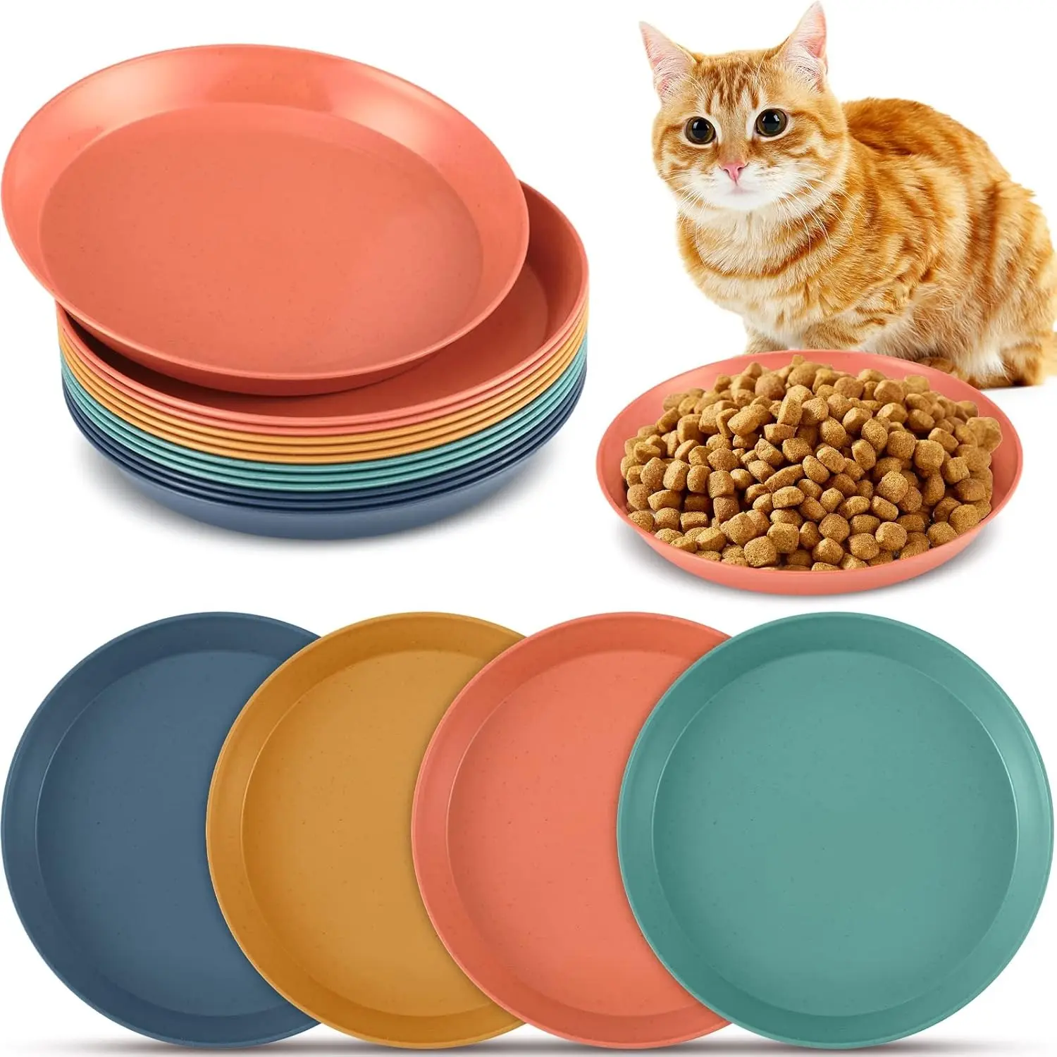 12 Pieces Whisker Fatigue Relief Cat Bowl 6 Inch Round Shallow Cat Food Dish Wet Feeding Bowls Wide and Small Pet Plate for Kittens and Short Legged Kitten, Wheat Straw(Vintage Colors) Feeder