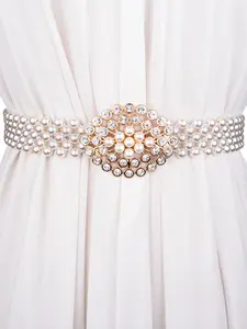 Faux Pearl & Rhinestone Decorated Belt, Elegant Rhombus Buckle Waist Chain for Women, Fashion Accessories for Party, Fashion Belts, Daily Clothing Decor, Trendy Belt