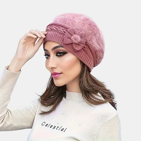 Women's Blush Pink Twin-Bow Thermal Knit Wool Beret - Beret Style, Wind-Ready Knit, Adjustable Fit, Windproof Ear Guard, Lightweight Soft, One Size Fits All, Easy to Style, Christmas Skiing Outings