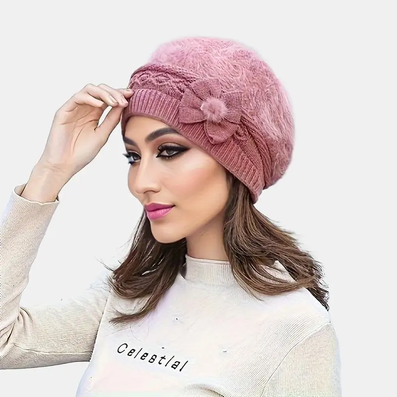 Women's Pink Twin-Bow Decor Thermal Knit Wool Beret - Windproof, Lightweight, Soft, Adjustable Ear Guard Winter Headwear - 1 Size Fits All for Skiing, Casual Wear, One Size Fits All