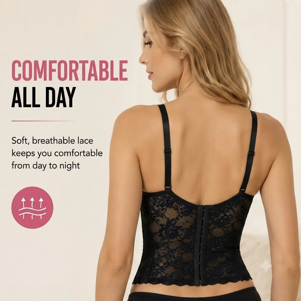 Women's Lace Longline Push Up Bra Tummy Control Shapewear, Waist Slimming Corset Top with Bust Support & Comfortable Stretch Fabric