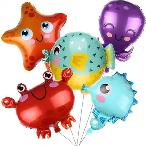 5pcs Ocean Animal Cartoon Aluminum Foil Balloons, Reusable Party Decorations, Crab, Seahorse, Octopus, Puffer Fish, Starfish, Birthday, Gender Reveal