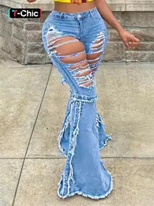 Women's Edgy Dark Blue Distressed Flare Denim Jeans, Stretchy Coated Fabric Ultra-Ripped Bell-Bottom Pants for Trendy Streetwear Looks, Perfect for Concert & Retro Themed Parties, Womenswear