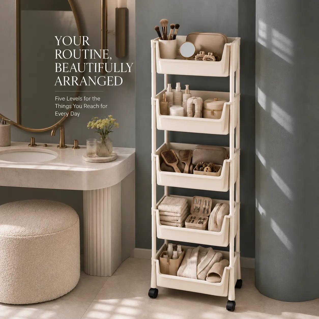 5-Tier Multi-Layer Narrow Profile Rolling Cart with Wheels, ABS Closet Organization Organizer for Bathroom, Bedroom, Cream White