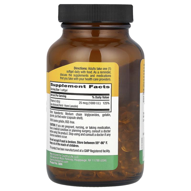 Country Life Vitamin D3, 25 mcg (1,000 I.U.), 200 Softgels