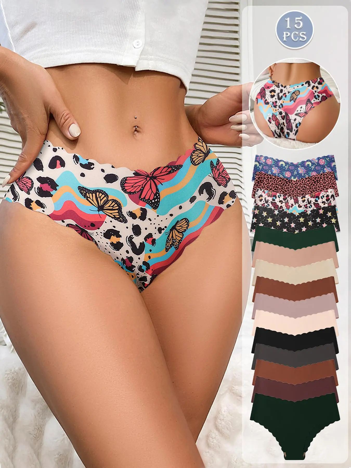 3/5/6/7/10/15 Pack Women's Wavy Edge Seamless One-Piece Triangle Panties, Leopard, Cherry, Colorful Print, Simple, Comfortable, Skin-Friendly, Breathable, Fitted Underwear, Suitable for All Seasons
