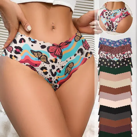 Women's Wave Edge Seamless Triangle Panties, Leopard Print Cherry Colorful Print, Comfortable Breathable Low Rise Underwear, All Seasons