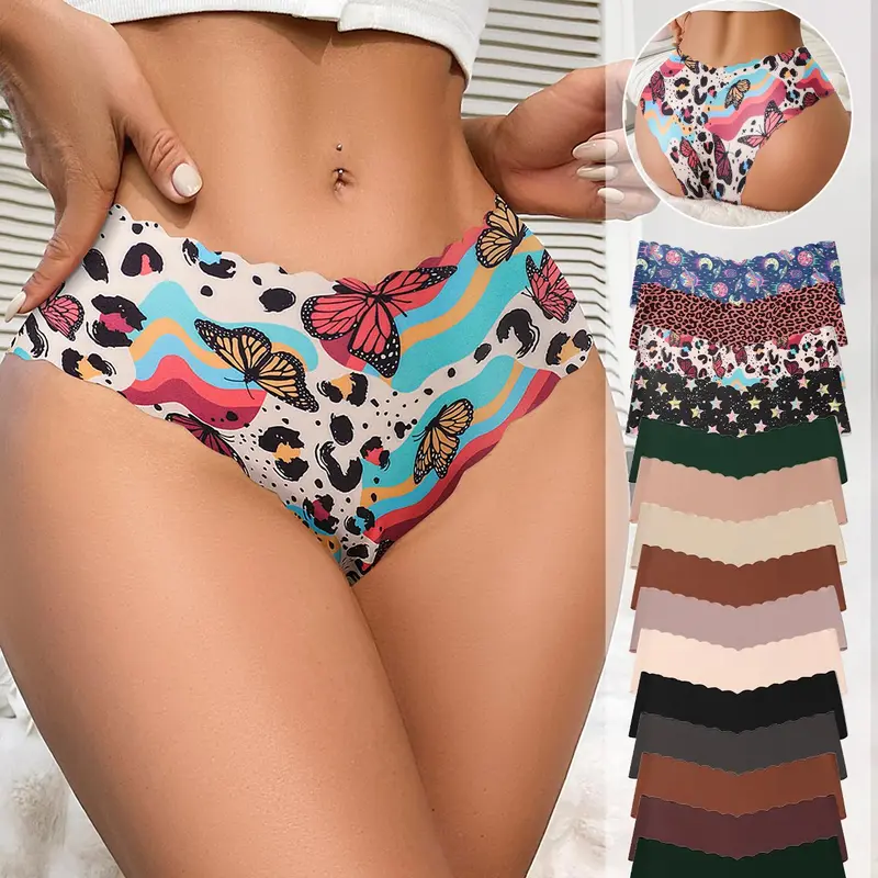 Women's Wave Edge Seamless Triangle Panties, Leopard Print Cherry Colorful Print, Comfortable Breathable Low Rise Underwear, All Seasons