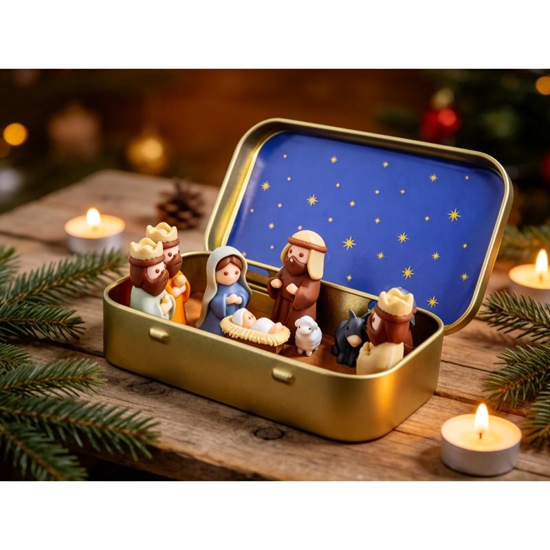 Handmade Miniature Christmas Nativity Set in Tin Box, Portable Pocket-Sized Manger Scene with Mary, Baby Jesus, Shepherds & Animals, Hand-Painted Resin Figures, Travel-Friendly Christmas Decor, Nativity Play Set & Holiday Gift