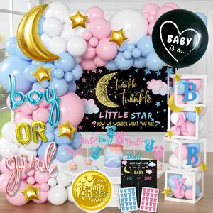 191 PC Little Star Gender Reveal Decorations - Includes: Balloon Arch - GIRL BOY Boxes - Gender Reveal Balloon - Cloth Backdrop - Games - Cupcake Toppers and More