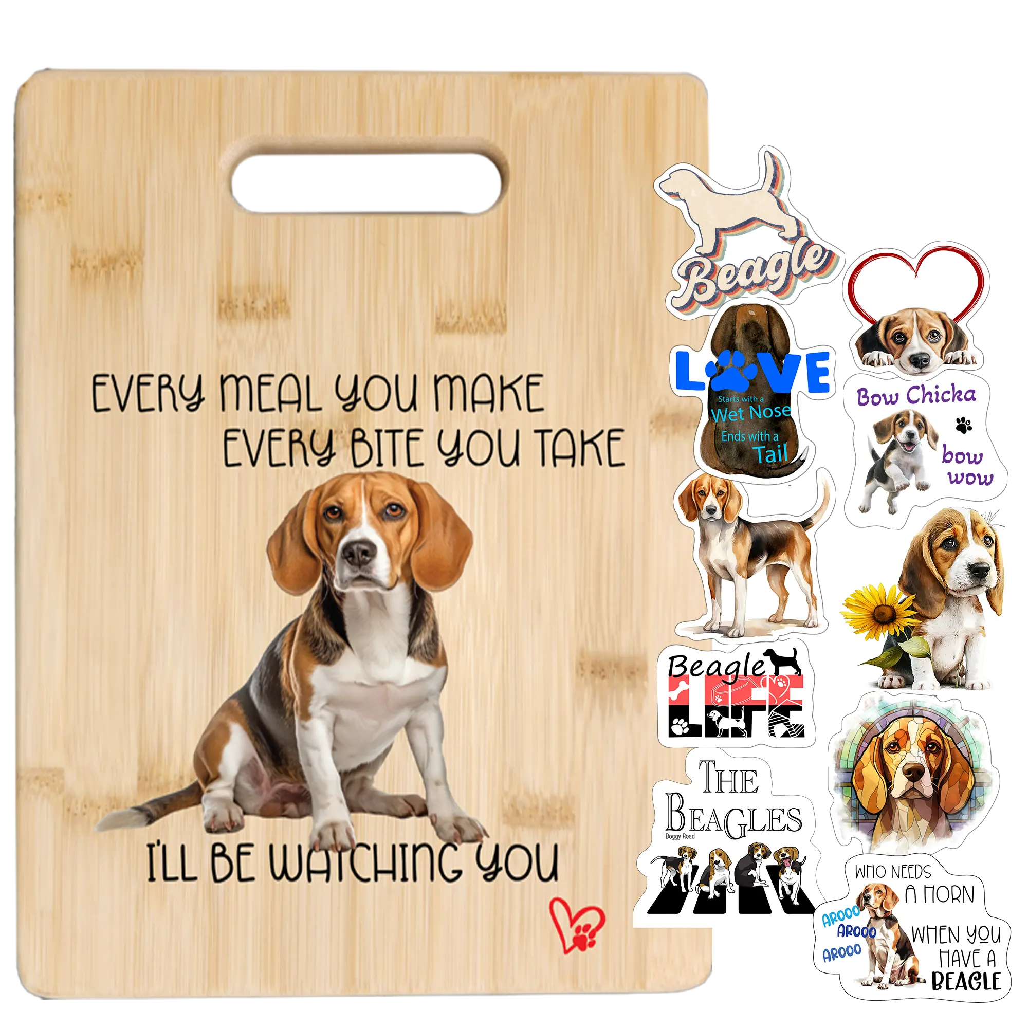 Beagle Cutting Board and Ten Large Digitally Printed Beagle Stickers, Beagle Gift for Beagle Lovers