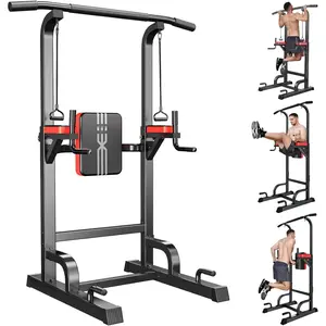 Power Tower Dip Station Pull Up Bar for Fitness Home Gym Workout,450 Pounds Multi-Function Adjustable Height Fitness Strength Training Exercise Equipment,with Power Elastic Ropes