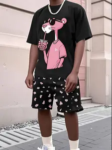 Men's Home Clothing Set, Loungewear, Leopard Print Sleepwear, Includes Shorts and Leopard Design T-Shirt, Breathable Mesh Fabric, Casual Fitted Style