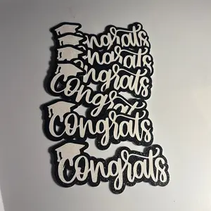White Glitter “Congrats” Cake Toppers with Black Glitter Shading – 4” x 2.5”