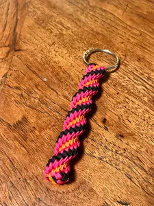 5"(13cm) 4-string Artisan Handwoven Helix Spiral Paracord Collectible Keychain – Black, Pink and Orange