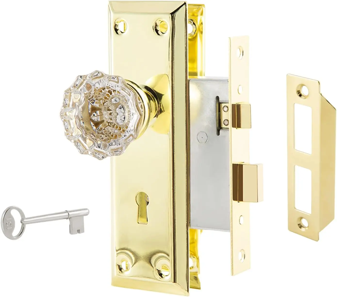 Mortise Lock Set for Interior Door, Antique  Style  Glass Door Knobs with Skeleton Key, Upgraded Reversible for Left & Right Handed Door, Polished /Brass Finish