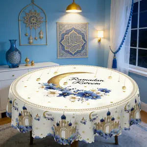 PLUMLIK Ramadan-Themed Tablecloth, Round / Rectangle Table Cover With New Moon, Flowers Pattern, Polyester Waterproof Table Decor, Ramadan Decoration For Brunch, Farmhouse Kitchen, Family Dinner, Gift For Ramadan, Durable And Washable Tablecloth
