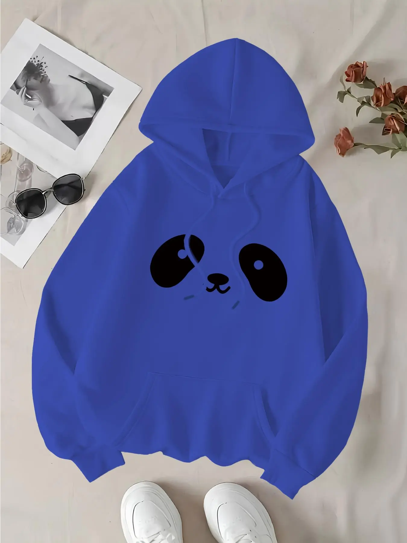 Women's Cartoon Panda Print Drawstring Pocket Thermal Lined Hoodie, Casual Long Sleeve Hooded Sweatshirt for Daily Wear, Ladies Clothes for All Seasons