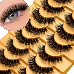 GROINNEYA 10 Pairs Furry Fluffy Volume False Eyelashes Soft C-Curly Eyelashes Luxurious Wispy Faux Mink Eyelashes Natural Cross Cat Eye Lashes With Thin Invisible Band,Suitable For Dates And Christmas Parties,Versatile Makeup Look