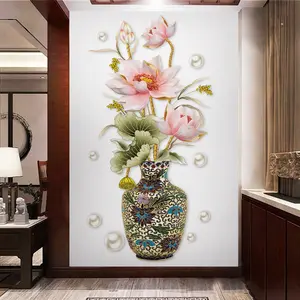 Chinese Lotus Vase Wall Sticker Self-Adhesive Floral Decorative Painting for Living Room Wall Decoration Wallpaper Floral Pattern Sticker
