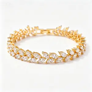 Women's Elegant Marquise Cut CZ Tennis Bracelet - Gold-Tone Leaf Design Brass, Sparkling Cubic Zirconia Statement Jewelry, Lead-Free Nickel-Free Gold Jewelry Aesthetic Accessory Finds for Bridal & Daily Wear