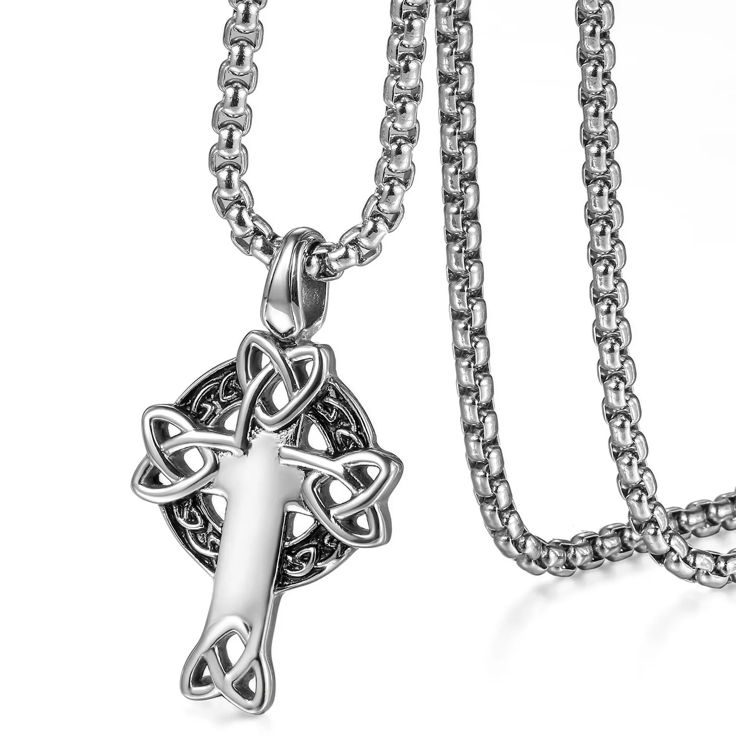 OIDEA Men's Stainless Steel Celtic Cross Necklace with Irish Knot, 22-in Wheat Chain, Hypoallergenic Ethnic Spiritual Jewelry, Father’s Day Gift for Those with Irish Roots