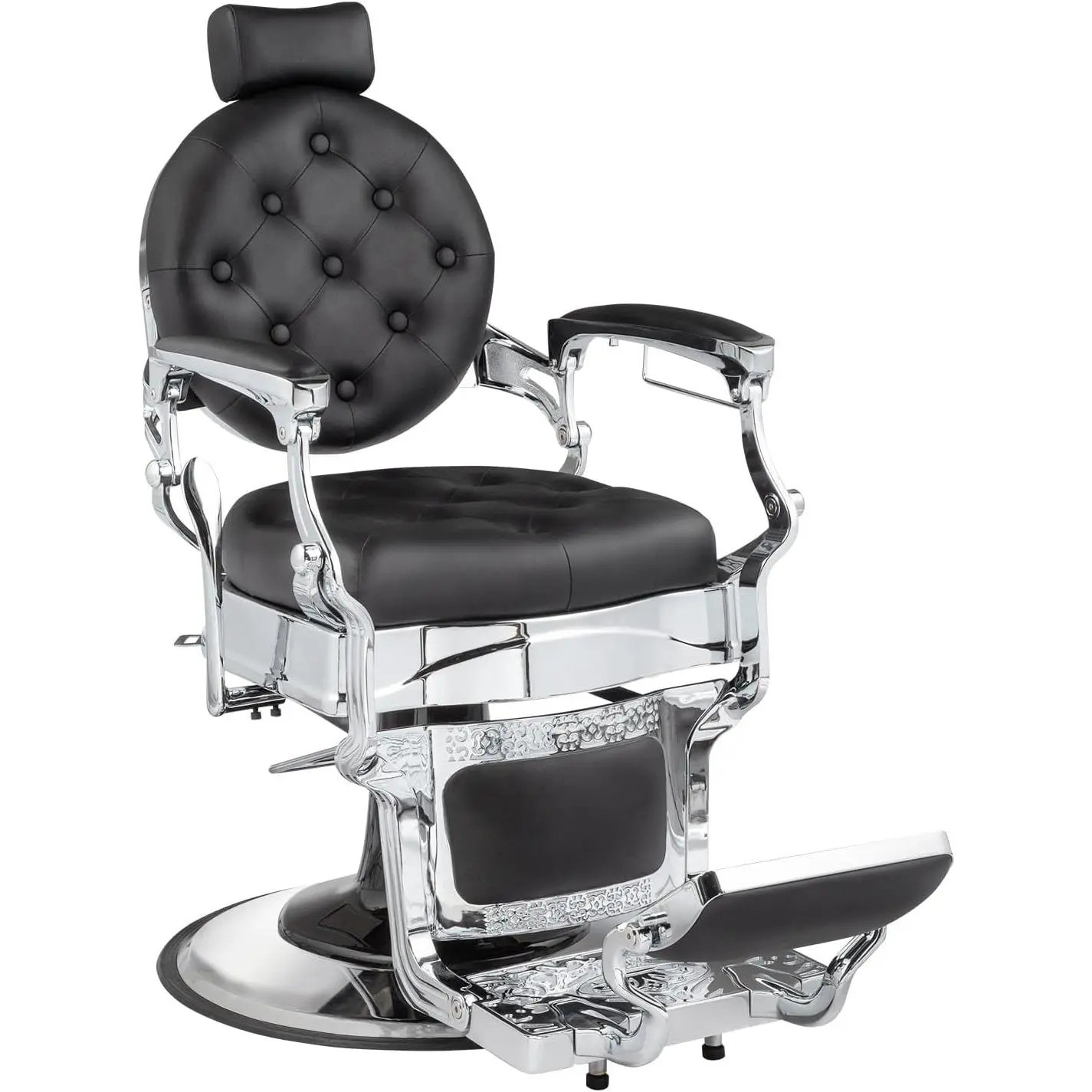 OmySalon Vintage Reclining Salon & Barber Chair - Sturdy Stable Heavy-Duty Hydraulic Lift Retro All-Purpose Chair with 360-Degree Swivel, Round Base, Tufted Buttons, 20'' Diam Seat, 26'' Armrest Space for Hair Stylists, Reclining Salon Chair, Button Tufts