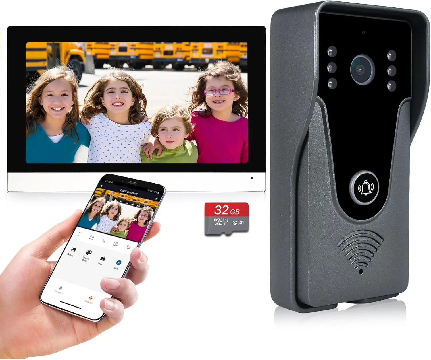 Wireless IP Video Doorbell Intercom System with Wired Power - 7-in WiFi Monitor, Metal HD Door Camera, 32G Card Recording, APP Remote 2-Way Audio, Home Security Unlocking Function
