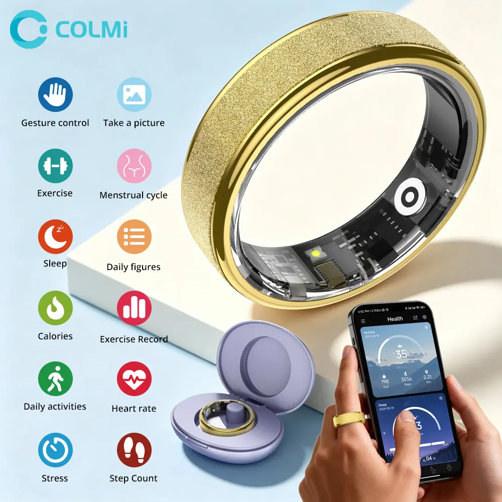 COLMI Smart Ring 2 Radiant - 5 ATM Waterproof Automatic Fitness Tracker, Bluetooth Digital Wireless Wearable, Women's-Friendly Design, Temp Tracking, App Connection, Couples Option, Gold & Black, Charging Box, Long-Lasting Battery, Electronic Gadget,techv
