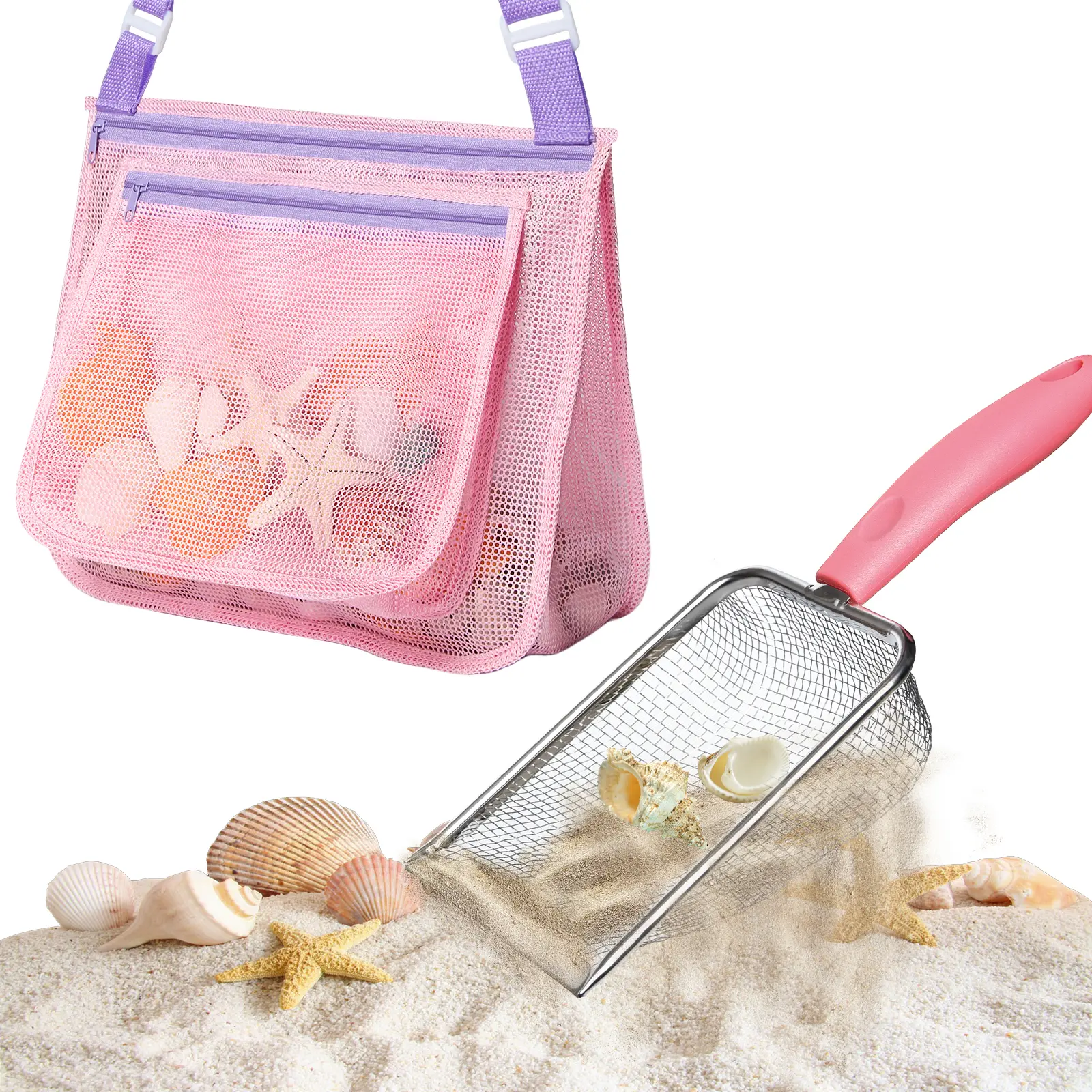 Beach Mesh Shovel with Mesh Beach Bag for Shell Collecting,Metal Shark Tooth Sifter Sand Dipper Beach Scoop for Kids Boys Girls