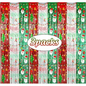 3pcs Christmas Party Decorations Merry Christmas Foil Fringe Curtains for Kids & Adults Selfie Picture Backdrop Holiday Ugly Sweater Party Streamers Photo Booth Props Supplies Decor 3.3x6.6ft