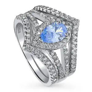 BERRICLE Sterling Silver Halo Wishbone Engagement Rings Statement Stackable Band Split Shank Ring Set for Women, Blue Pear Cut Cubic Zirconia CZ