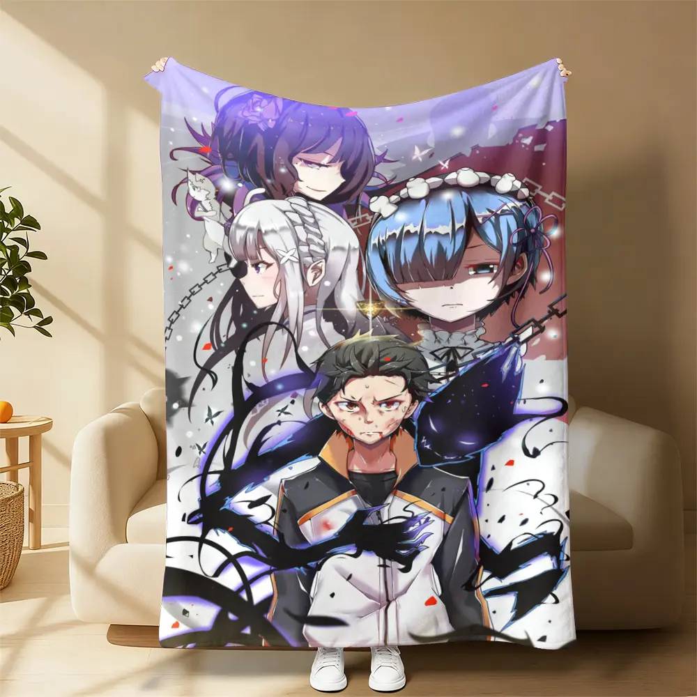 1-Piece Flannel Fleece Anime Manga Blanket, Re:0 Natsuki Subaru-Rem-Emilia Cartoon Character Print, Plush All Seasons Throw for Sofa Bed, Contemporary Home Decor Gift for Special Occasions