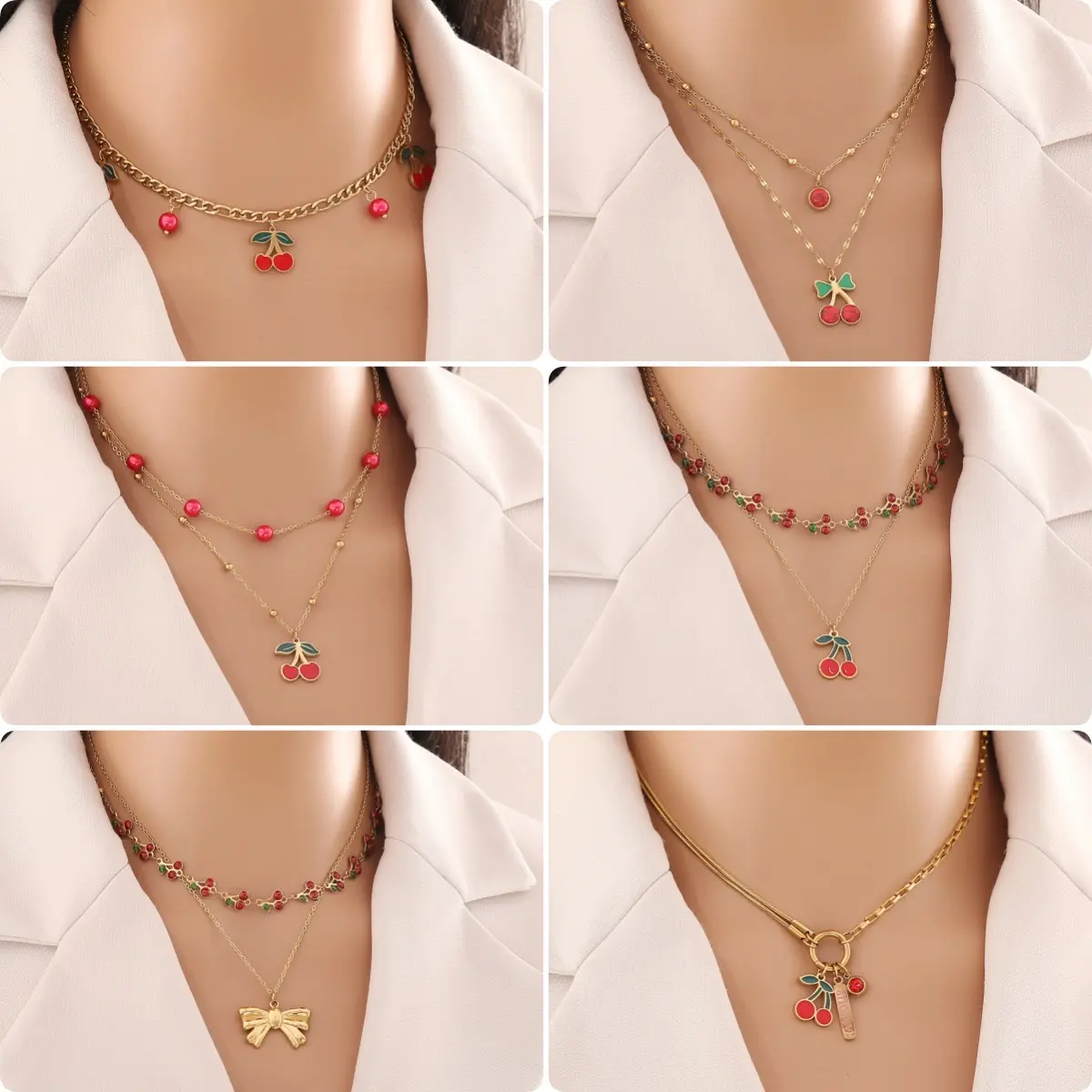 Cherry necklace,earrings,bracelets,and double chain ,stainless steel jewelry
