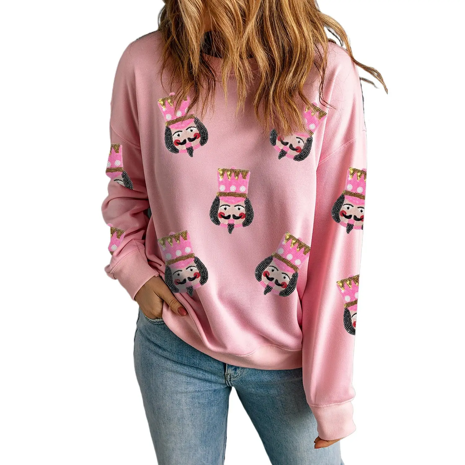Women's Casual Long Sleeve Soft Fabric Pink Sequin Nutcracker Graphic Drop Shoulder Christmas Hoodie Sweatshirt, Tops