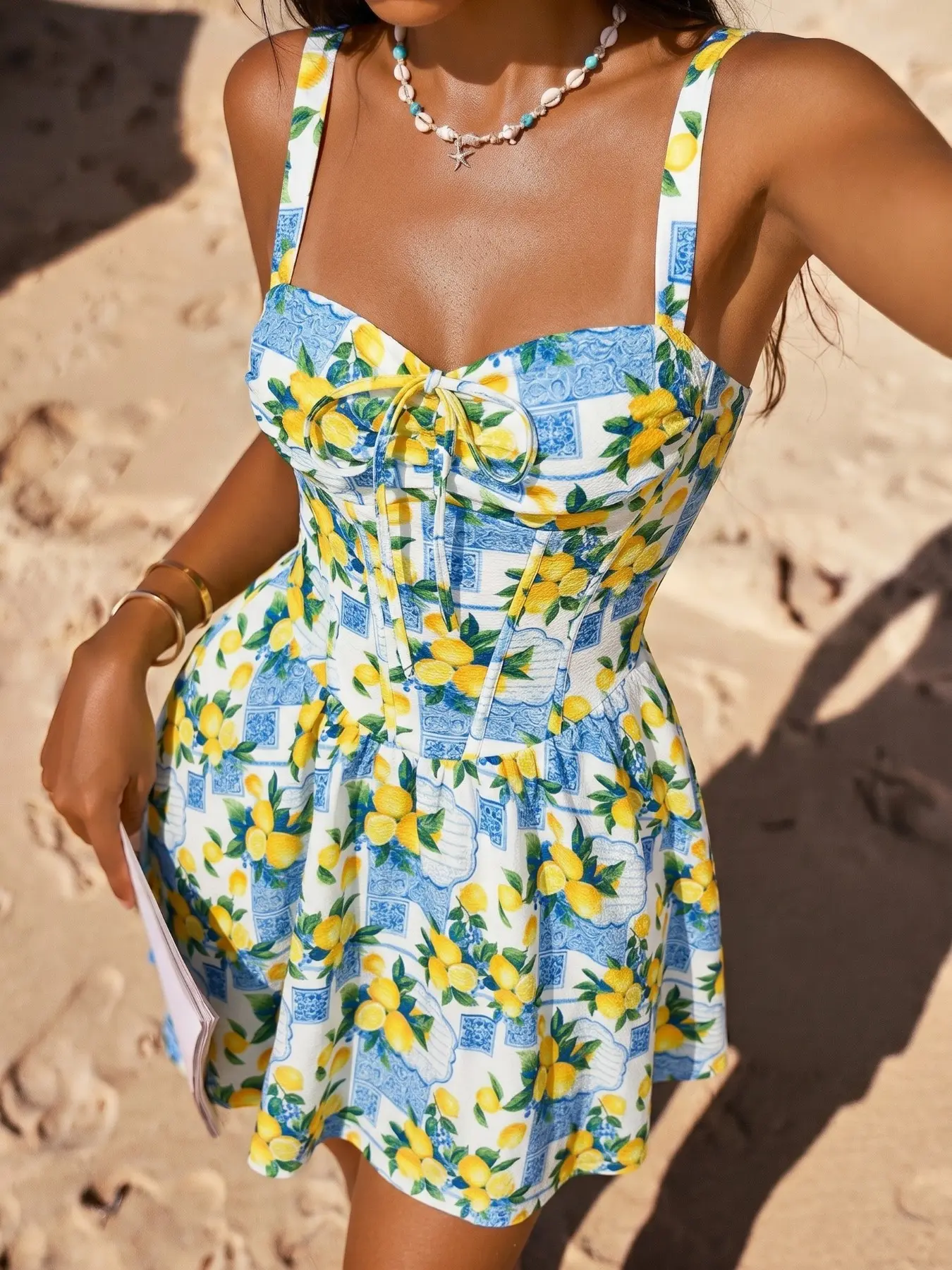 Women's Lemon Print Strapless Waist-Cropped Dress, Bustier A-Line Short Skirt, French Vacation Style, Beach/honeymoon, Date/picnic Wear, Casual, Summer, Chic