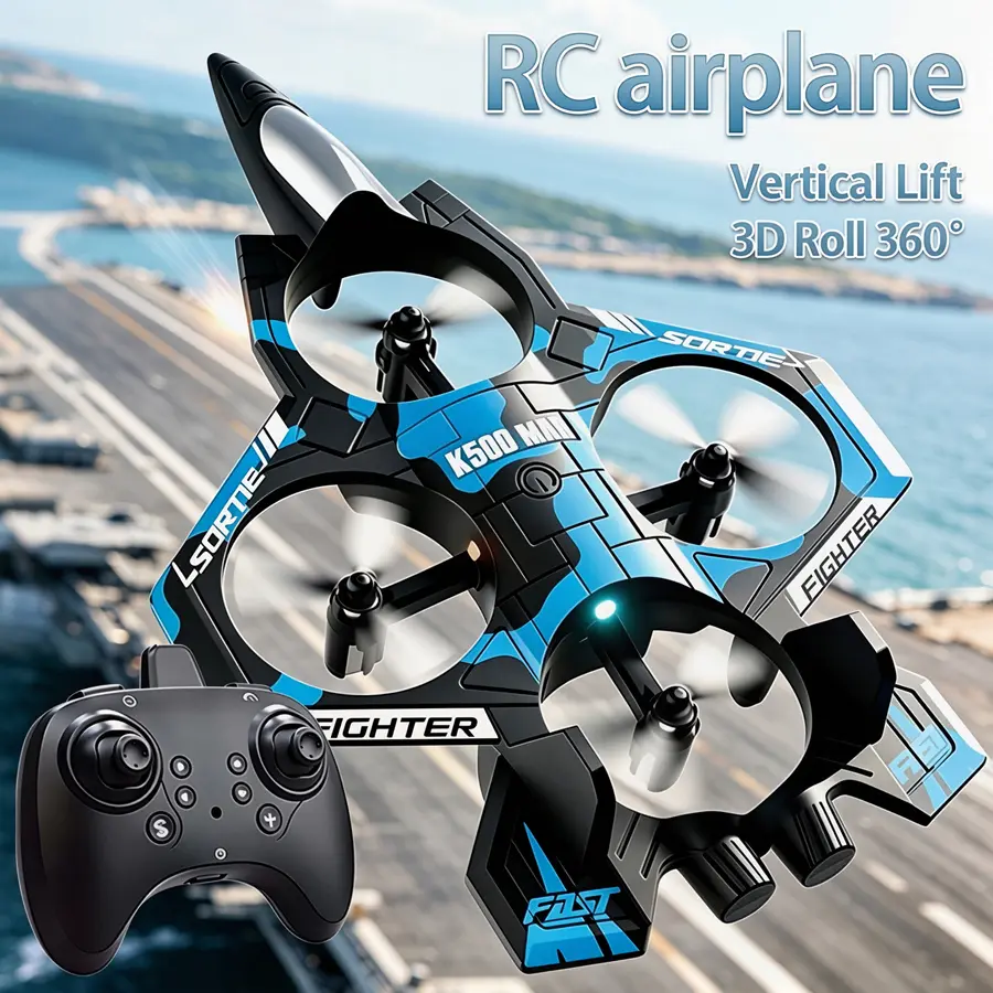 Remote Control Airplane Drone, Foam Fighter Glider with LED Lights, 4-Channel Control, 360° Stunt Flips & Circle Mode