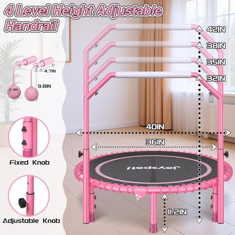 JoySpot 450 LBS Foldable Trampoline, 40 inch Indoor Fitness Rebounder with U-Shape Adjustable Foam Handle, Quiet Bungee Jump System & Cordless Jump Ropes, Indoor fitness, Outdoor fitness, Yoga, Valentine's gift, for Adults