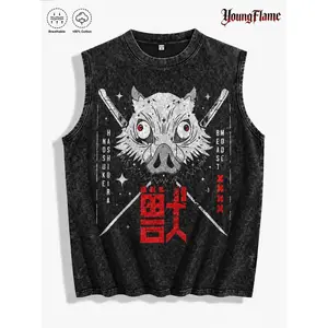 Anime Boar Mask Samurai Tank Top Men Vintage Washed Sleeveless Shirt Dual Blade Warrior Graphic Tee Japanese Streetwear Y2K Gym Oversized boys merch everyday clothes outdoorfun short-sleeved t-shirt cottontees Casual Crewneck Fashion Menswear Aesthetic