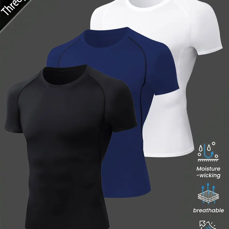 Men's Tight Fit Short Sleeve Quick-Dry Dry Fit Stretch UV Protection Sportswear, Gym Running Workout T-Shirt, Fitness Exercise Wear, fitness running tops, Fitness Shirts, 2/3 Piece Set, All Seasons, Sportswear For Training