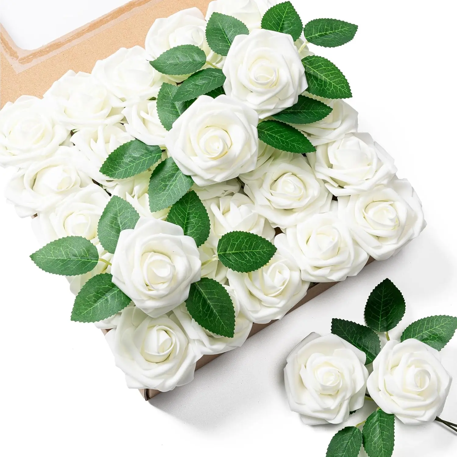 25pcs Artificial Flowers Foam Fake Roses with Stems for DIY Wedding Bouquets Bridal Shower Centerpieces Arrangements Party Tables Valentines Day Decorations Christmas Tree （Ivory）