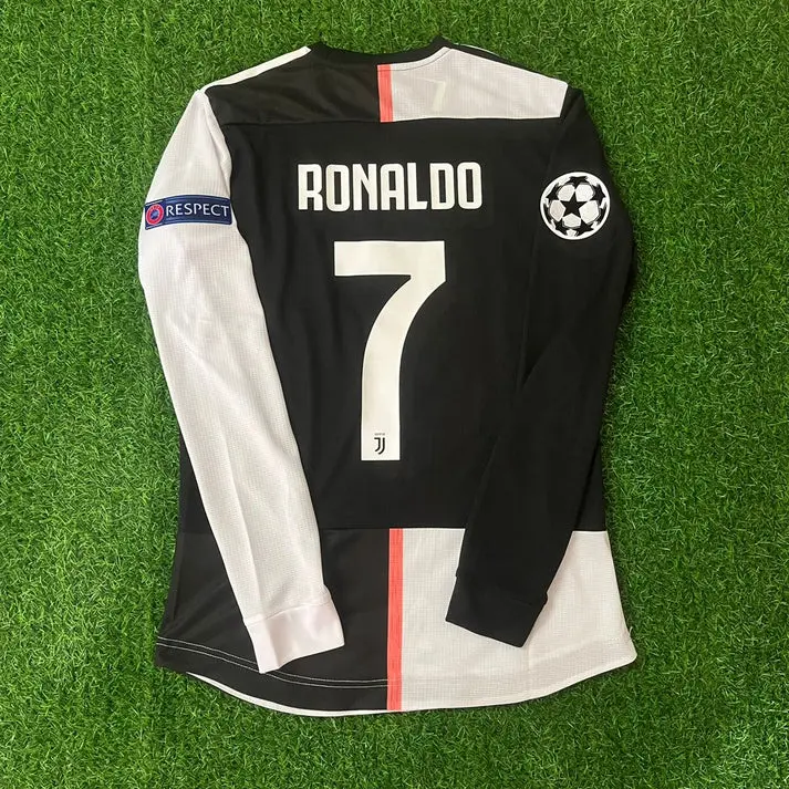 CR7 Retro Long Sleeve Jersey #7 - 2019-2020 White/Black, All Size S-5XL, Breathable Game Day Sports Shirt, Short Sleeve, Quick-Dry Football Shirt, CR7 Fans Jersey